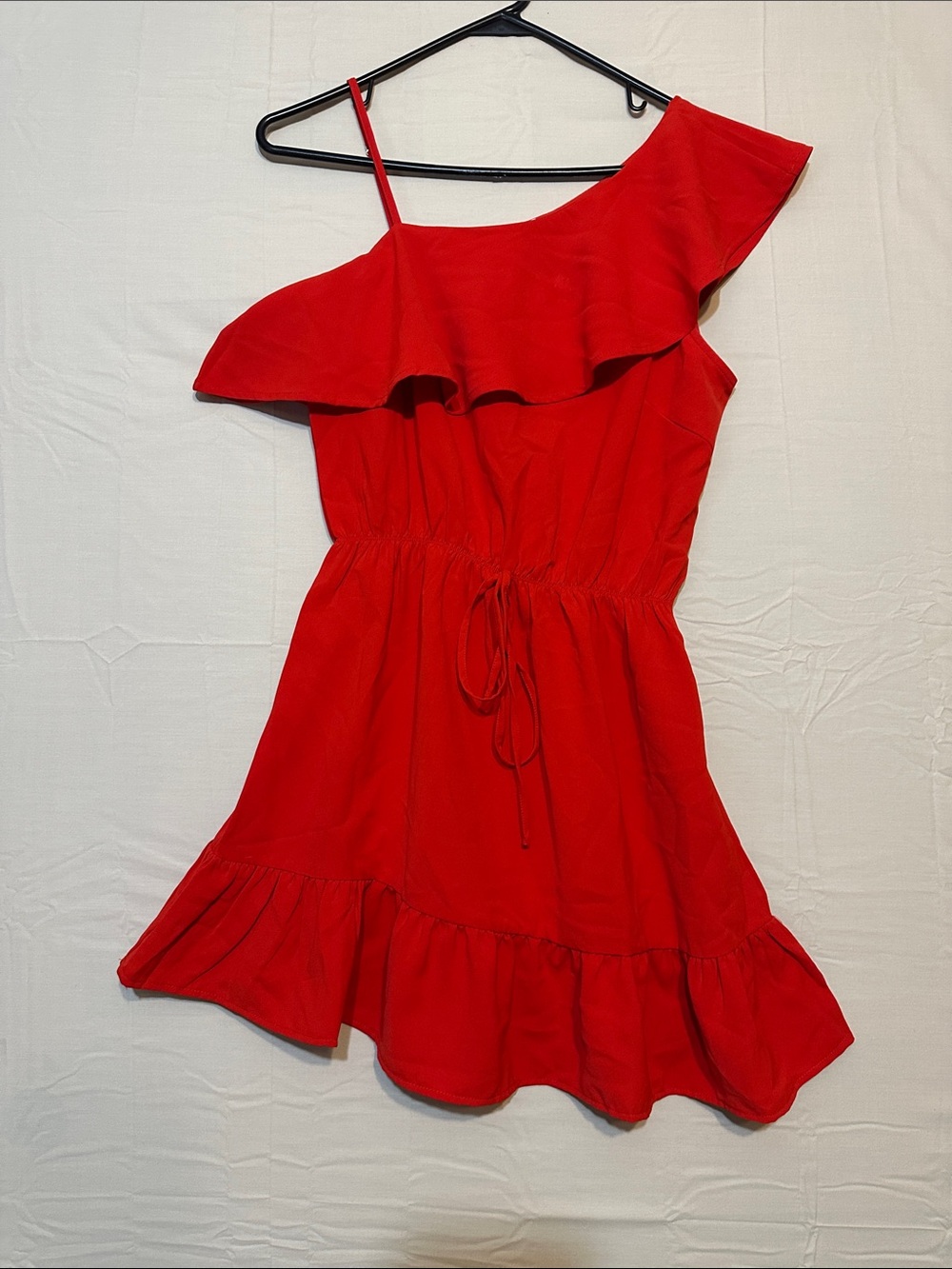 Red One-Shoulder Ruffle Dress with Waist Tie